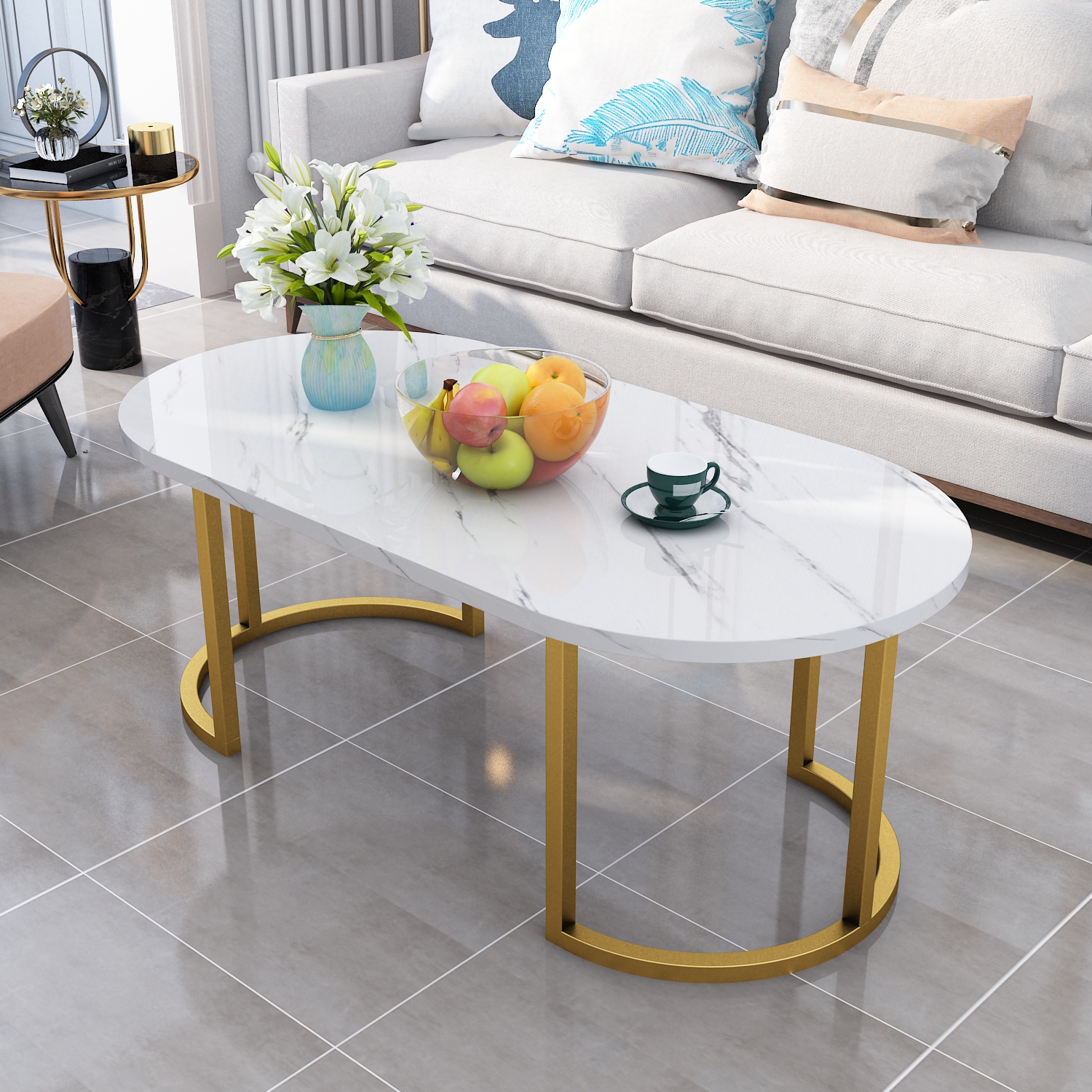 

Small apartment home furniture oval coffee table modern minimalist living room low table Nordic light luxury creative imitation marble texture desk