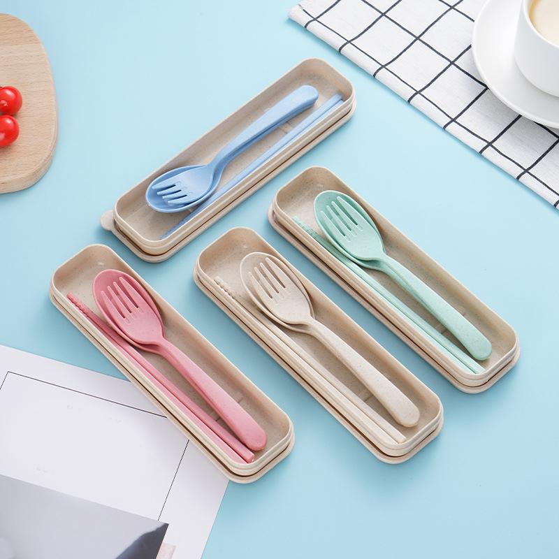 

Dinnerware Sets Portable Wheat Straw Spoon Cutlery Box Student Reusable Kitchen Tableware Convenient Travel 3Pcs/set