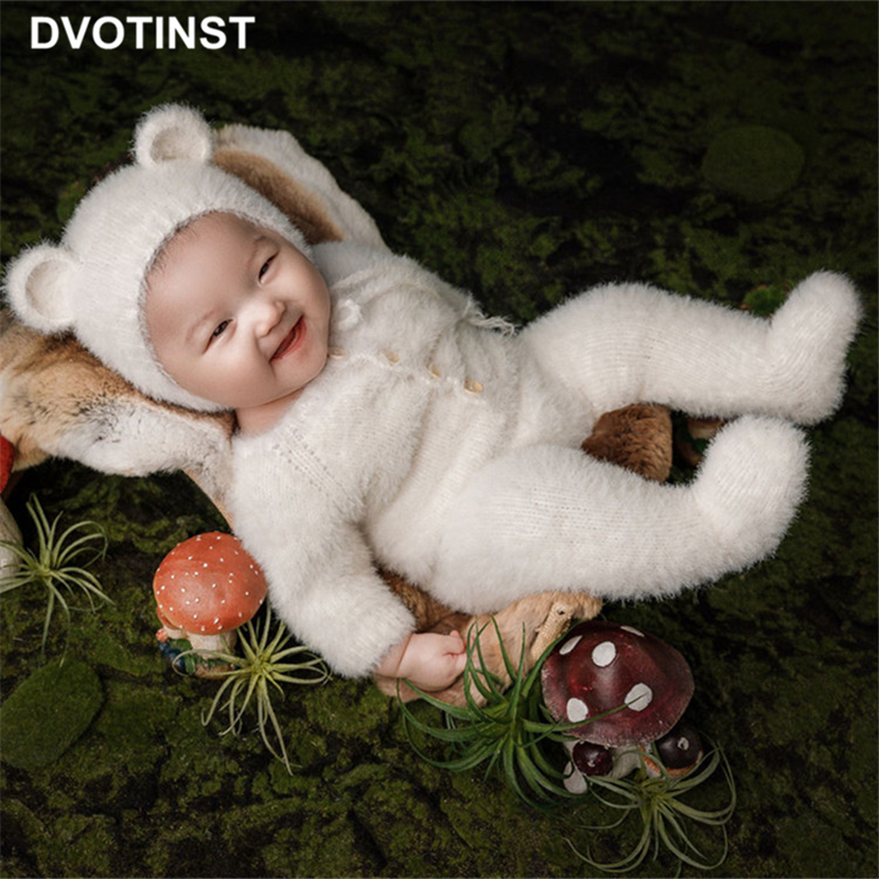 

Dvotinst Baby Newborn Photography Props Soft Knitted Cute Bear Hat Bonnet Outfits 2pcs Set Fotografia Studio Shoots Photo Propsg, White