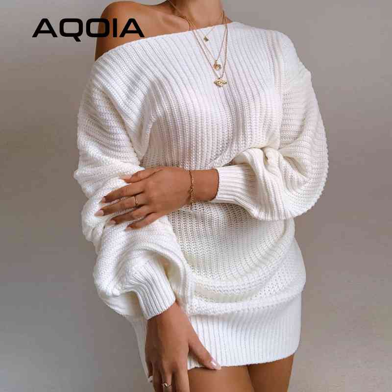 

Winter Casual Off Shoulder Loose Short Dress Women Party Club Long Sleeve Sweater Knitted White Sexy Woman Mini 210521, Random color