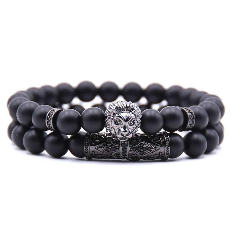 

8MM Round Balck Frosted Stone Beads Strands Lion Head Charm Bracelet 2pcs/set