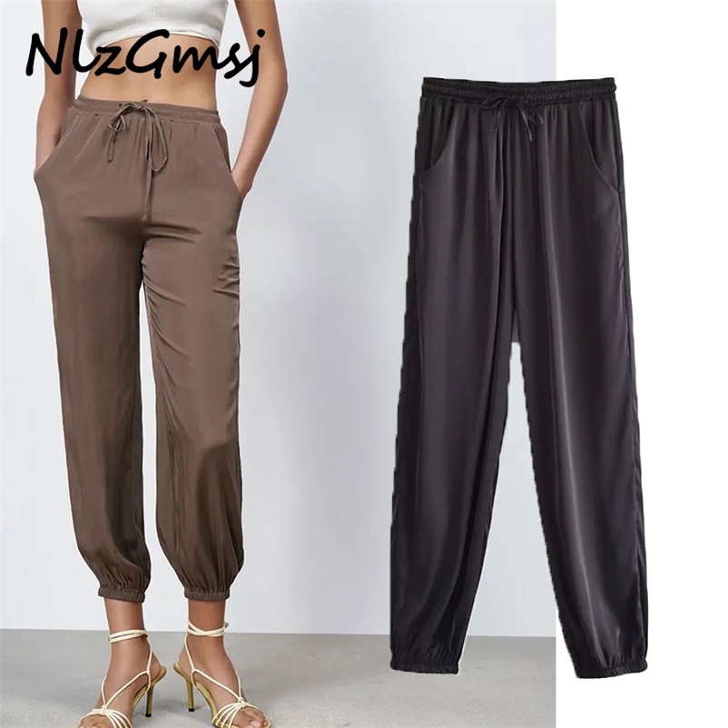 

Pant Women Satin Joggers Pants High Waist Sweatpants Straight Woman Flowing Elastic Trousers 04 210628, As picture