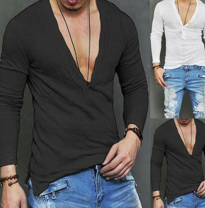 

New Style Hot Fashion Men Casual Sleeve Slim Fit Shirts Deep V Neck Long Line Shirt Top T-Shirt, White