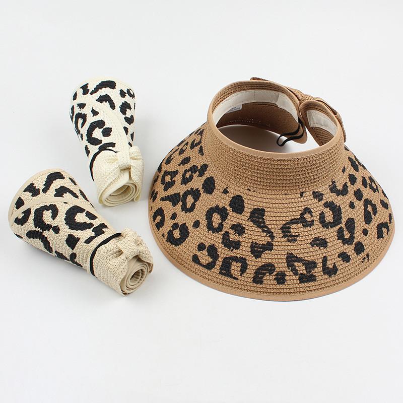 

Wide Brim Hats Summer Leopard Women'S Bowknot Straw Visor Caps Roll Up Foldable Portable Outdoor Female Beach Sun Hat, Khaki