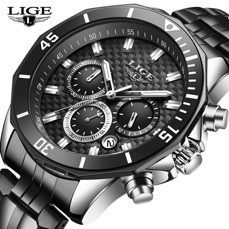 

Wristwatches Relogio 2021 LIGE Men Watches Top Stainless Steel Quartz Watch For Mens Fashion Sport Waterproof Chronograph, Full black