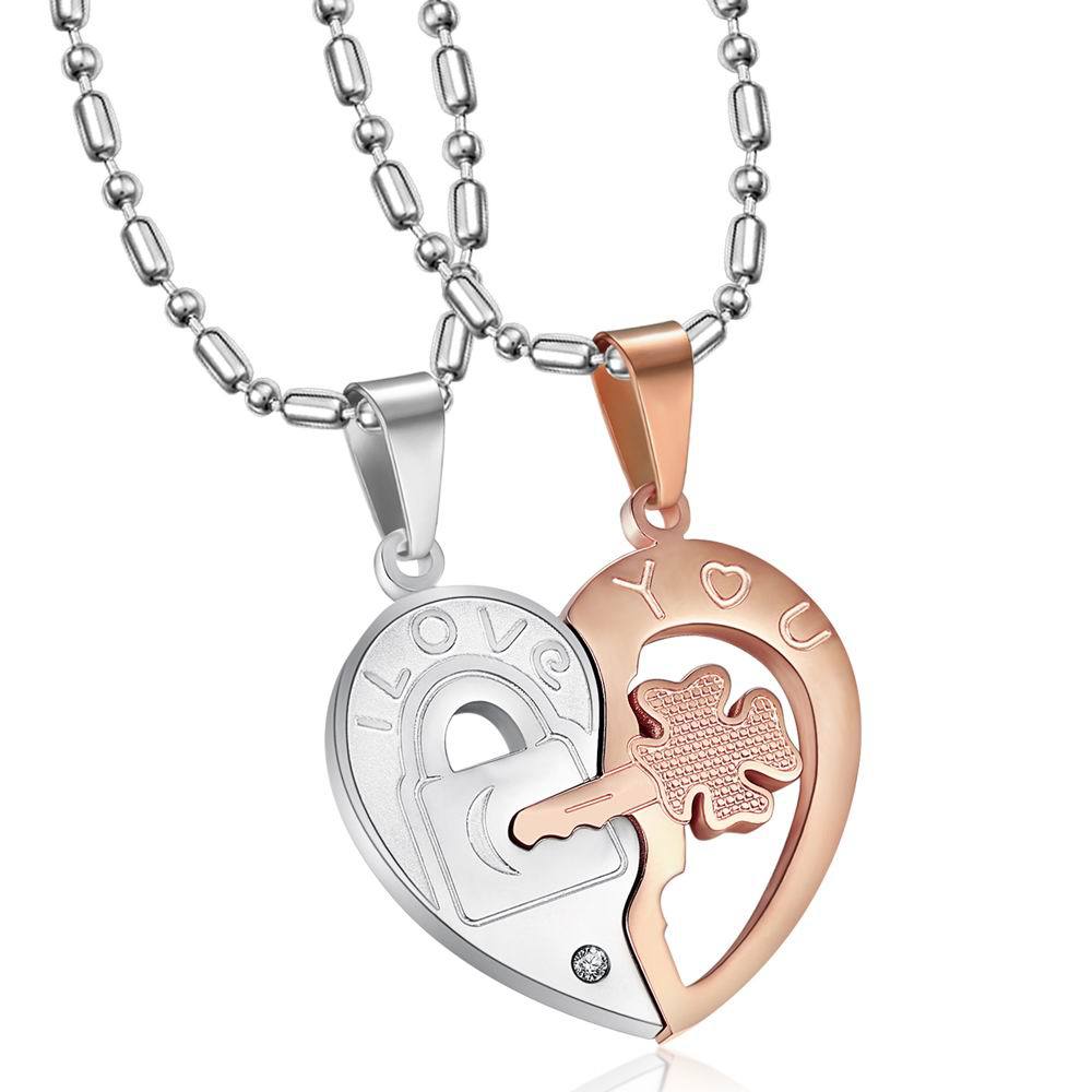 

ACEROLL Broken Heart Necklace - Stainless Steel Split Heart Pendant with Key and Lock in Silver and Gold Color for Lovers Couple