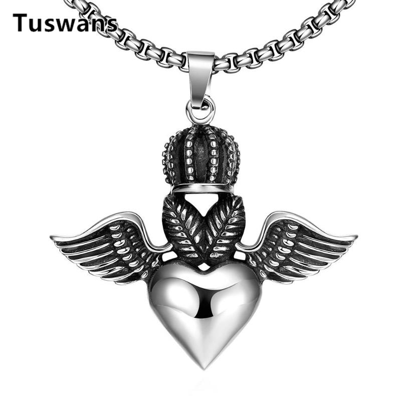 

Pendant Necklaces Stainless Steel Vintage Retro Angel Heart Crown Necklace Long Link Chain Collier Hip-top Rock Jewelry Men's Gift