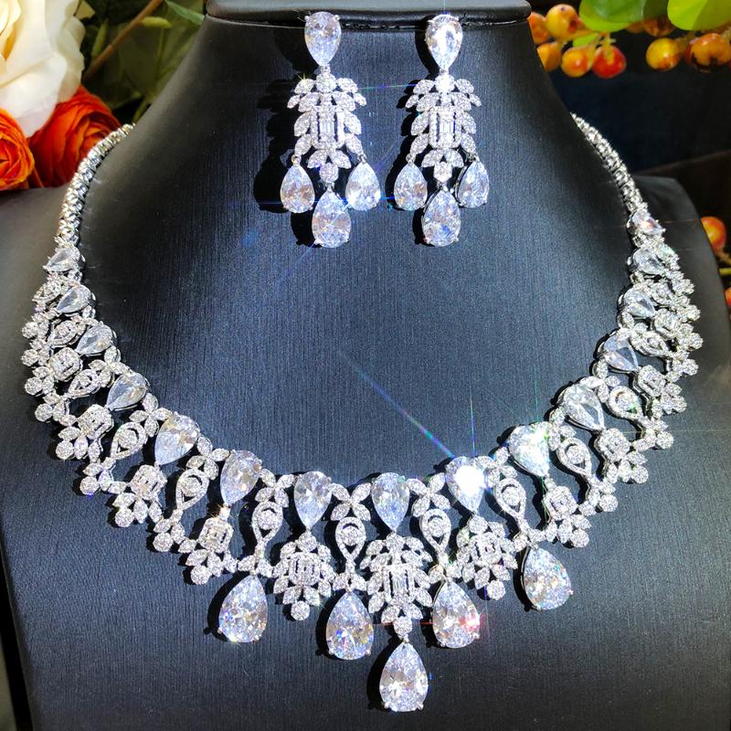 

Earrings & Necklace Blachette Fashion Gorgeous Exclusive Custom 2PCS For Women Wedding Banquet Bride Cubic Zirconia Jewelry Set, Silver