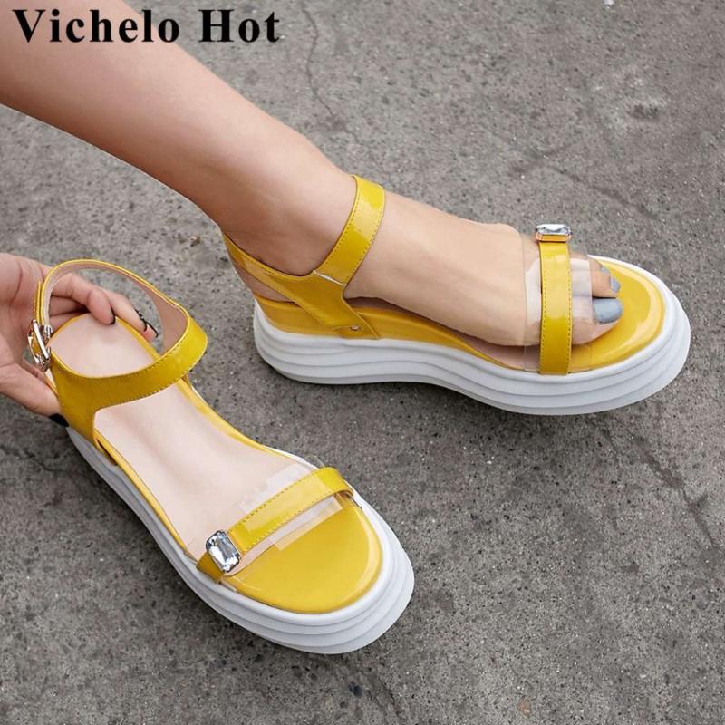 

Vichelo Real Cow Leather Buckle Strap Wedges Platform Peep Toe Crystal Decoration Pvc Material Simple Style Daily Shoes L31 Sandals, Black