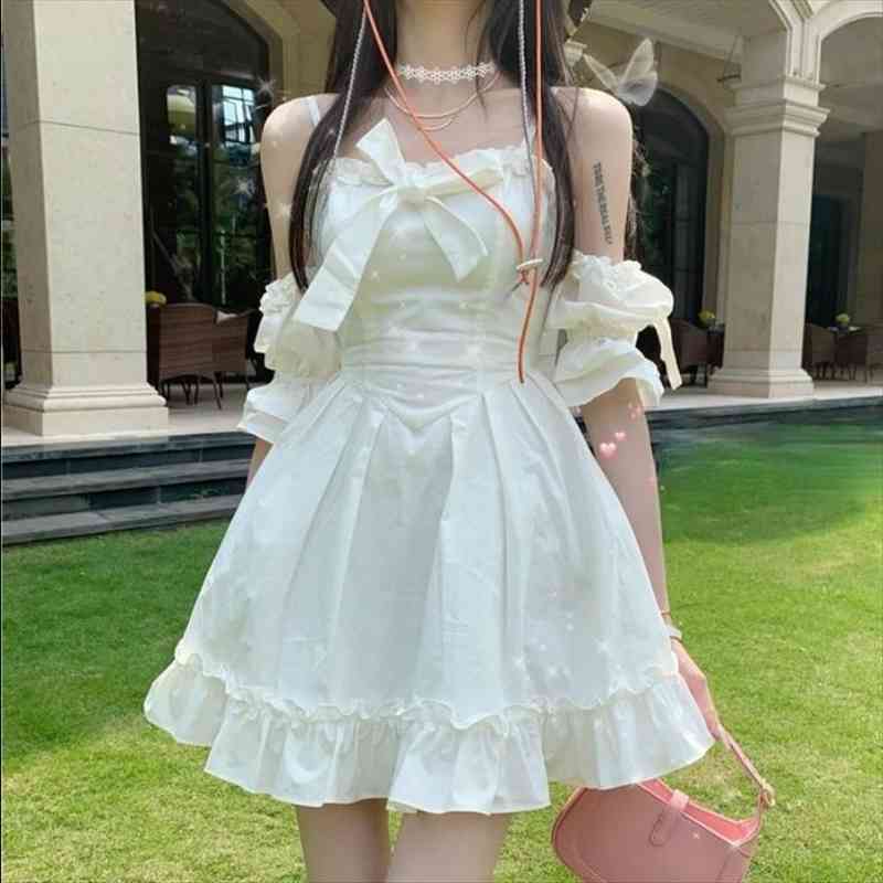

white kawaii fairy strap dress women patchwork off shoulder party mini dresses bow ruffle sweet cute princess sundress, Black;gray