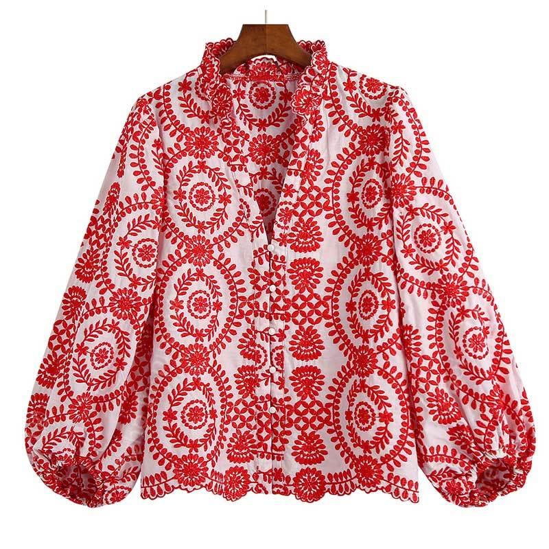 

Women's Blouses & Shirts Boho Inspired Red Embroidery Blouse Women Long Sleeve V-neck Buttons Tops Bohemian Style Plus Size Shirt 2022
