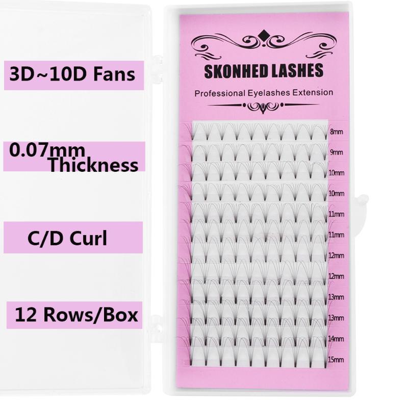 

False Eyelashes 12 Rows Mixed Length Premade Russian Volume Fans Lashes Faux Mink Eyelash Extensions 0.07 C/D Curl 3D~10D Extension Tools