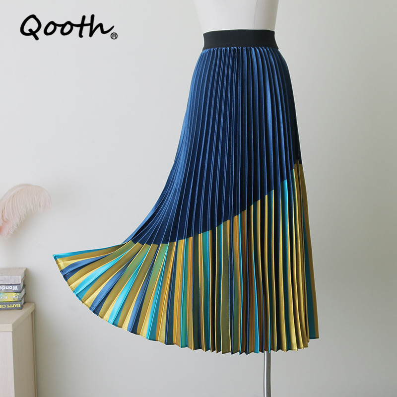 

Qooth Color Match Mid-length Pleated Skirt Big Swing High Waist A-line Skirt All Match Striped Fashion Elastic Waist Skirt QT729 210518, Blue