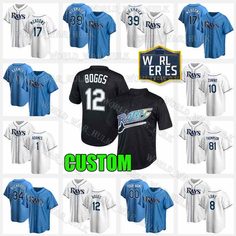 

12 Wade Boggs 39 Kevin Kiermaier 2021 Custom Rays Baseball Jersey Tampa Blake Snell Bay Jackie Robinson Matt Duffy Evan Longoria Joey Wendle, Custom retro(guangmang)+patch