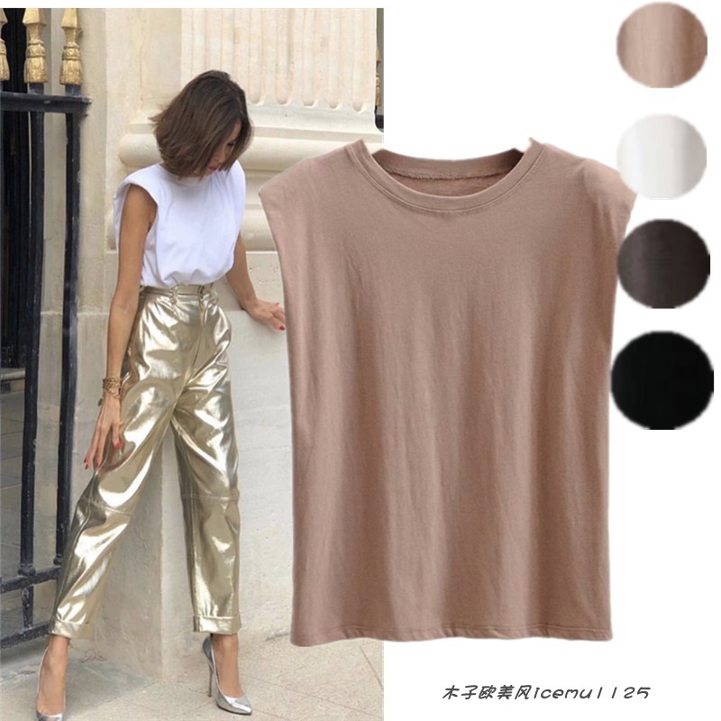 

European and American design sense niche fashion shoulder pads silhouette vest sleeveless t-shirt wild loose slimming tops women 210525, Khaki