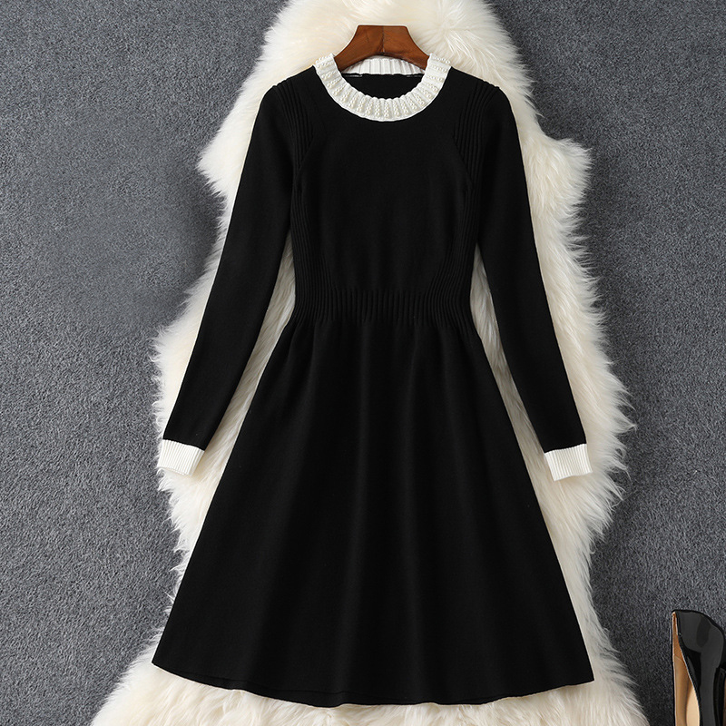 

2022 Spring Long Sleeve Round Neck Black Solid Color Knitted Beaded Knee-Length Dress Elegant Casual Dresses 21S138B434