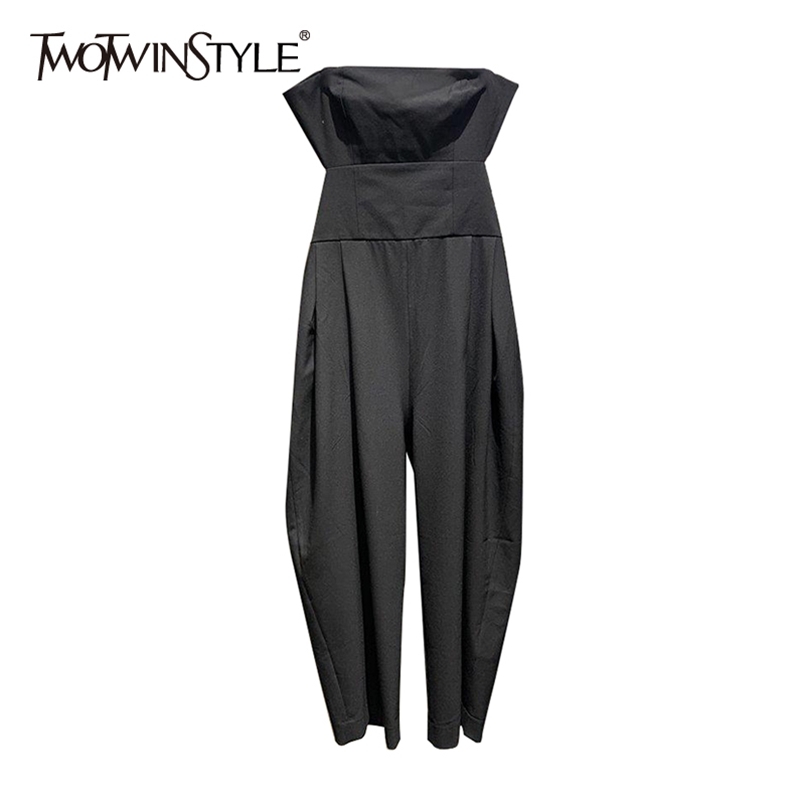 

Patchwork Casual Jumpsuit For Women Slash Neck Sleeveless High Waist Solid Loose Jumpsuits Female Summer Style 210521, Black