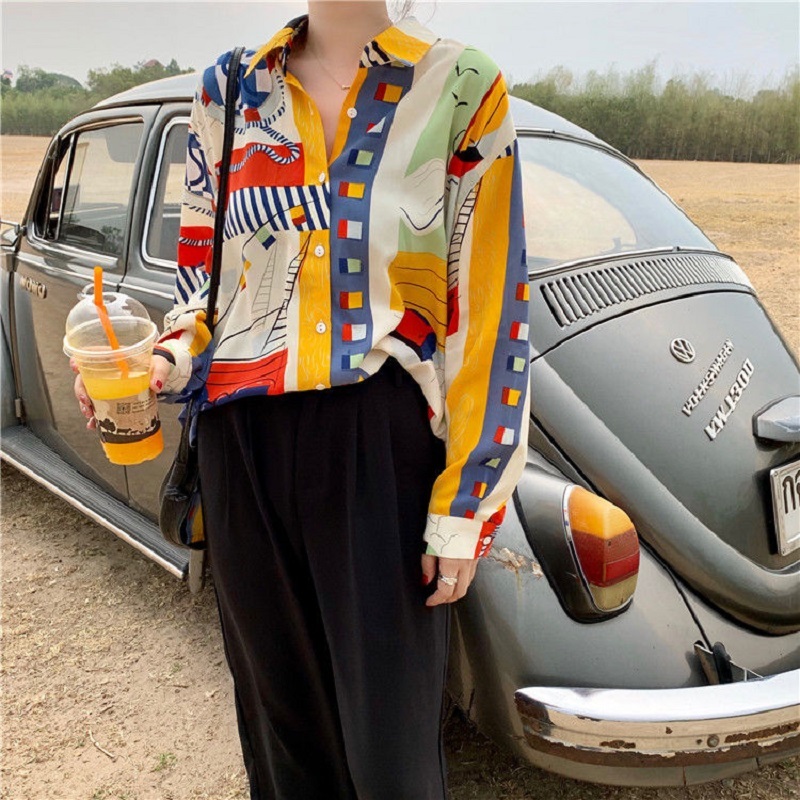 

Summer Bohemian Long Sleeve Women Shirt Blouse Chic Oversize Button Print Ladies Shirts Y2K Turn-Down Collar Female Tops 210521, Sku