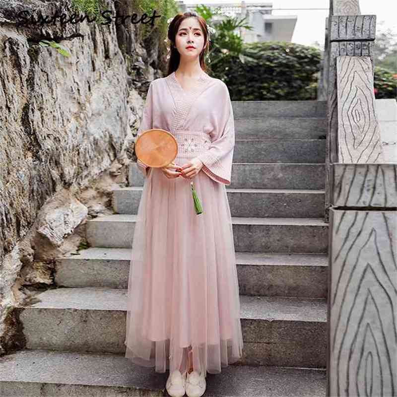 

Elegant Two Piece Outfits Mesh Chinese Style Hanfu Sashes V-neck Long Sleeve Evening Party Dresses Pink Women Dress 210603, Blue