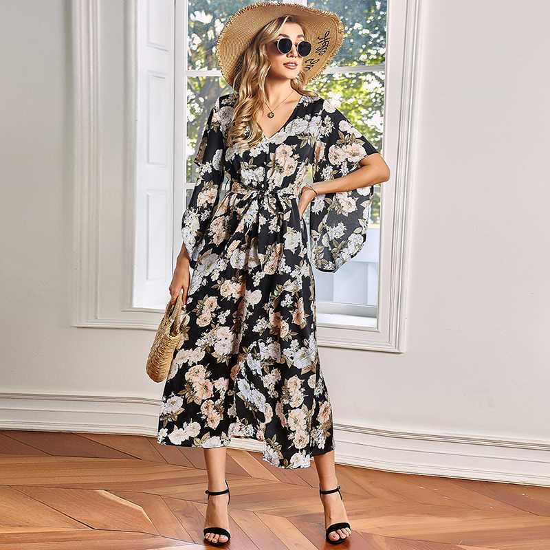 

Summer V-neck Floral Print Cloak Sleeves Bandage High Waist Split Fork Office Lady Loose Slim Mid-calf Elegant Dress 210604, Golden