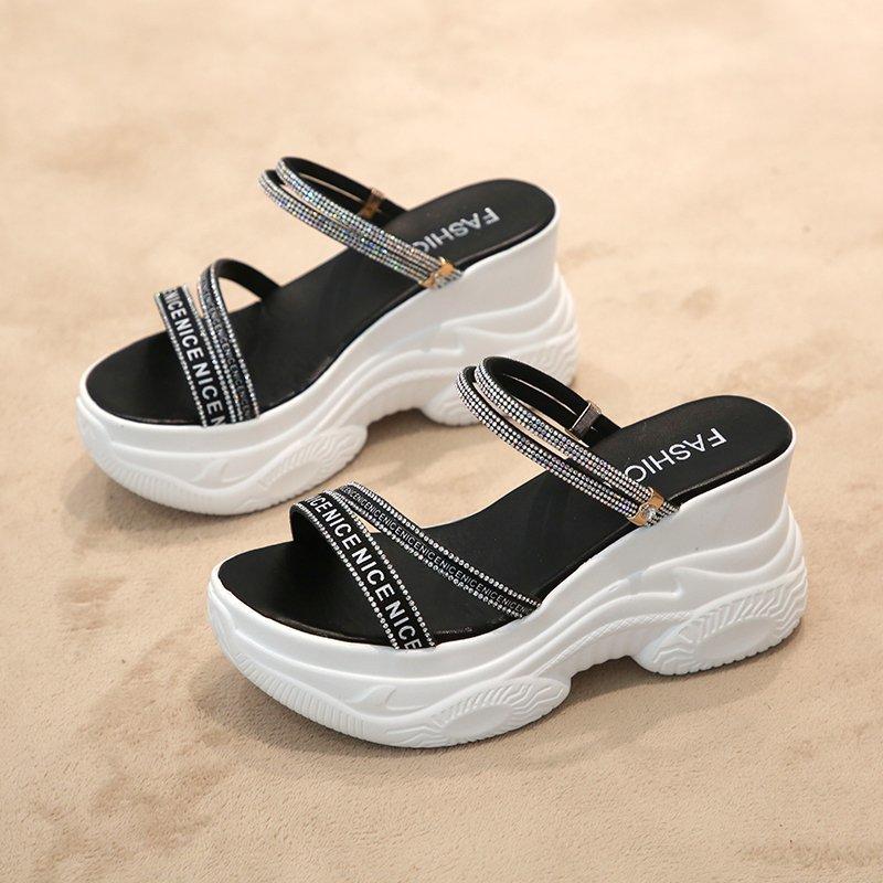 

Increased Internal Slippers Women's Shoes Wedge Heeled Mules Slides Rhinestone Platform Comfort Designer Chunky, Black