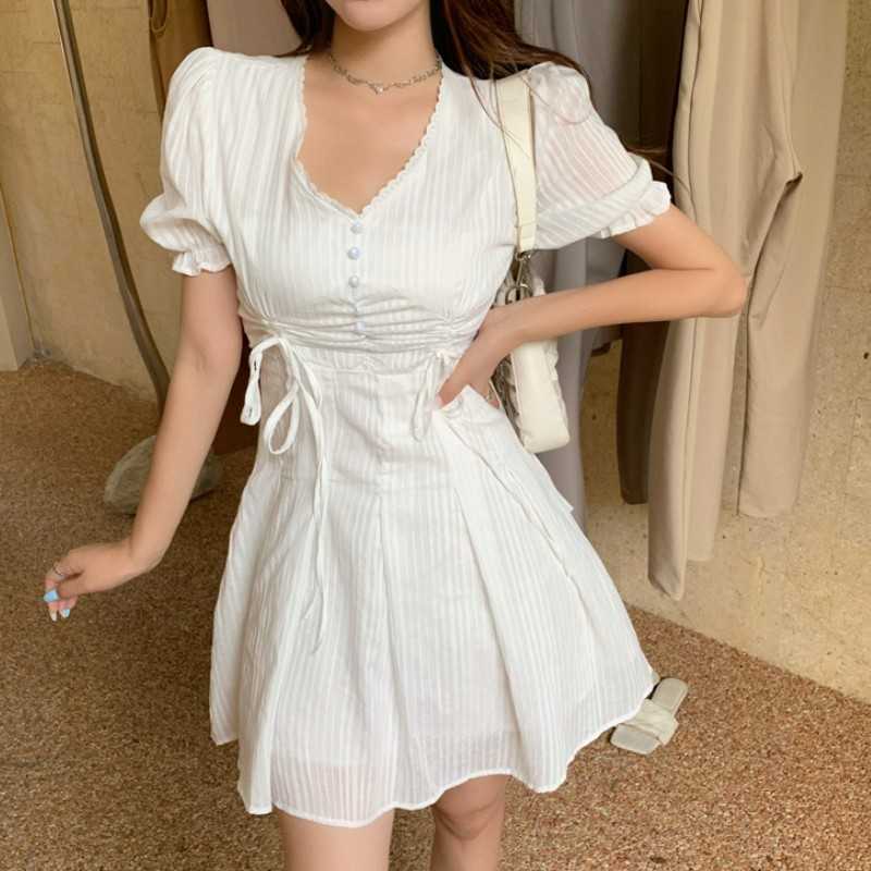 

Summer Elegant Mini Dress Woman Korean Party Beach Female Puff Sieeve Office Lady V-Neck A-Line 210526, Photo color