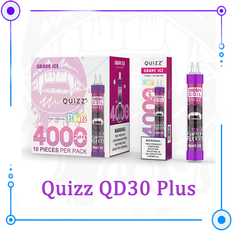 

Quizz QD30 Plus Disposable Pods cigarette Device Kit E-cigarettes 4000 Puffs Rechargeable USB 650mAh Battery 12ml Prefilled Pod RGB Light Vape Pen 0268252-1