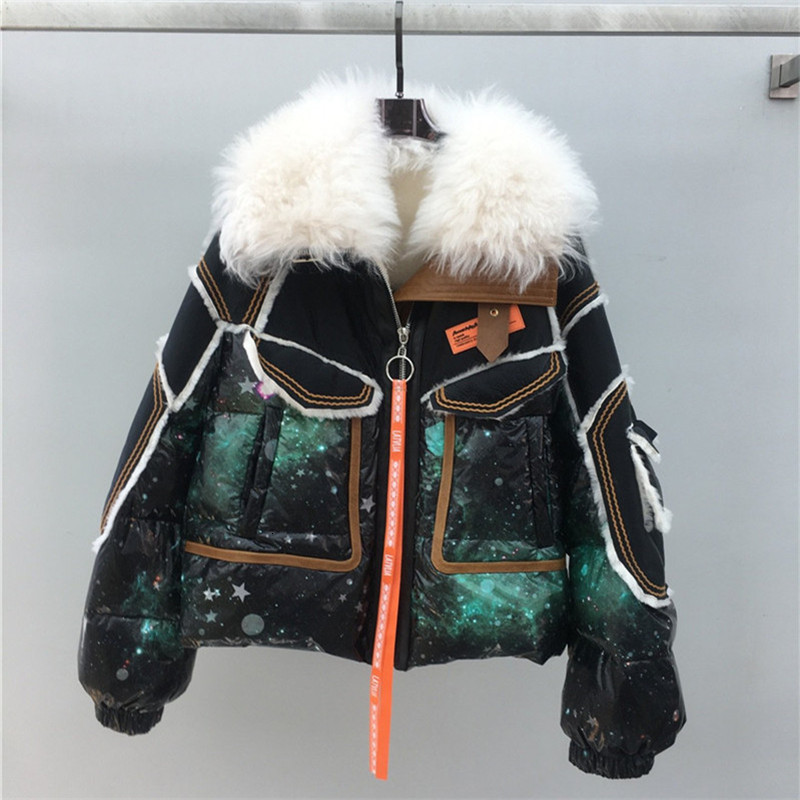 

Women's Down & Parkas Starry sky printed 90% white duck down jacket Stitched lamb fur collar doule faced coat women real winter S2, Black