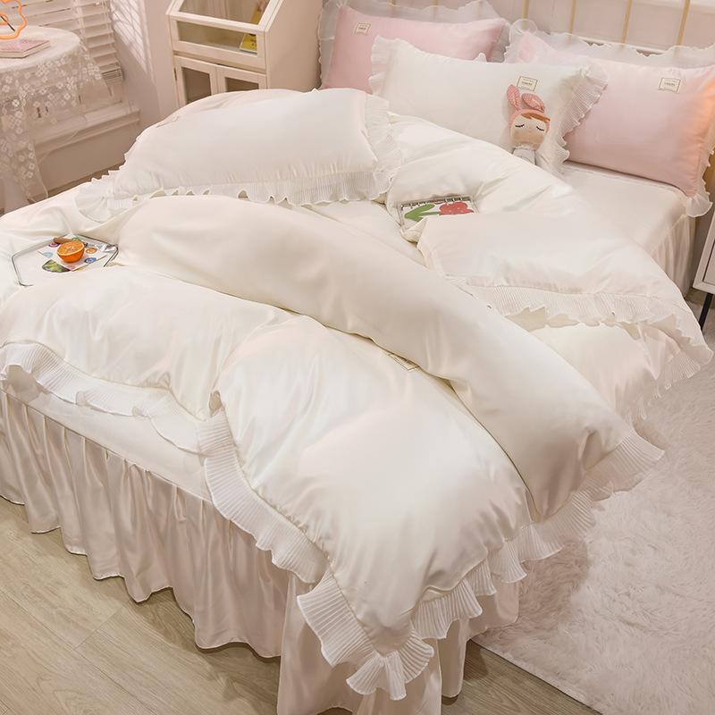 

Bedding Sets [Sheet + Quilt Cover+ Pillowcase] Summer Ins Princess Style Cool Ice Silk Breathable Nordic Luxury Bed Skirt Duvet Cover, White