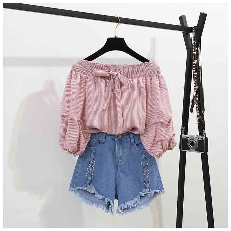 

Fashion Sets Summer Women Bow Off collar Shirts + Denim Shorts Casual two-piece set Female suits A1147 210428, Pink