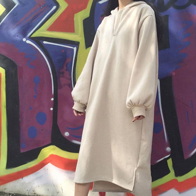 

korean women autumn winter hooded womens dresses dress pullover thick fleece oversized casual loose maxi long hoodie black, Black;gray