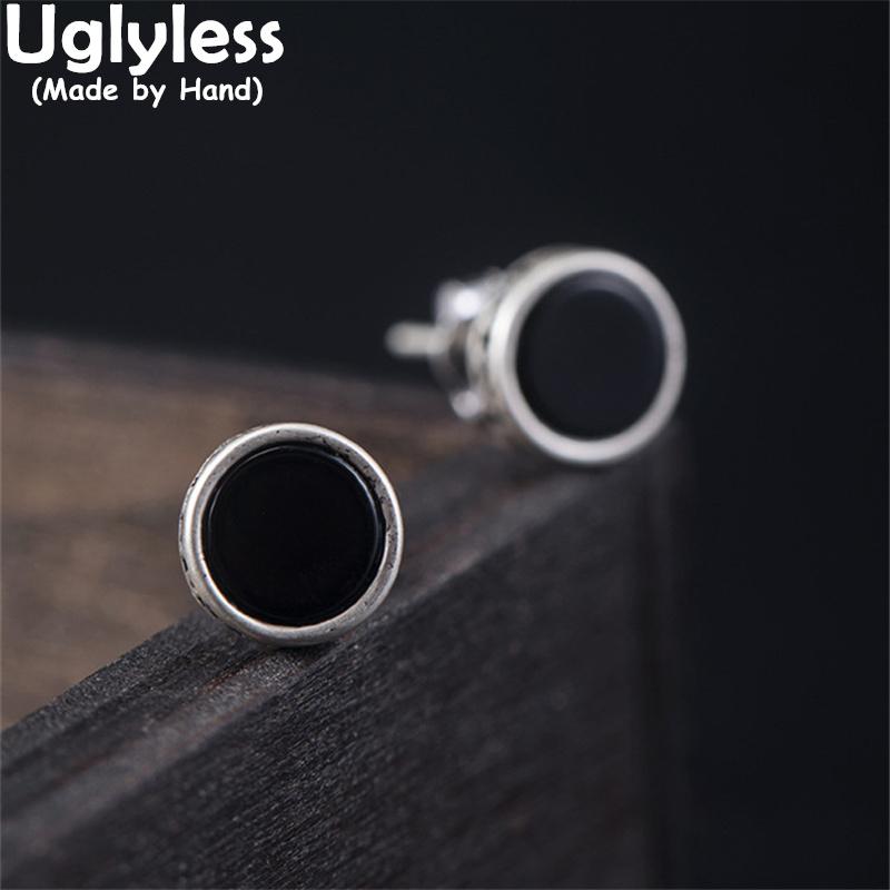 

Stud Uglyless Unisex Black Agate Studs Earrings For Men Women 7MM MINI Neutral Thai Silver Brincos 925 Hollow Vintage Jewelry, Golden;silver