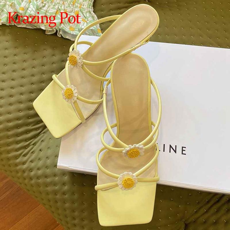 

Dress Shoes Krazing Pot Square Toe Sling Back Thin High Heel French Romond Princess Sweet Girl Flower Slip On Summer Mules Women Sandals L57, Black