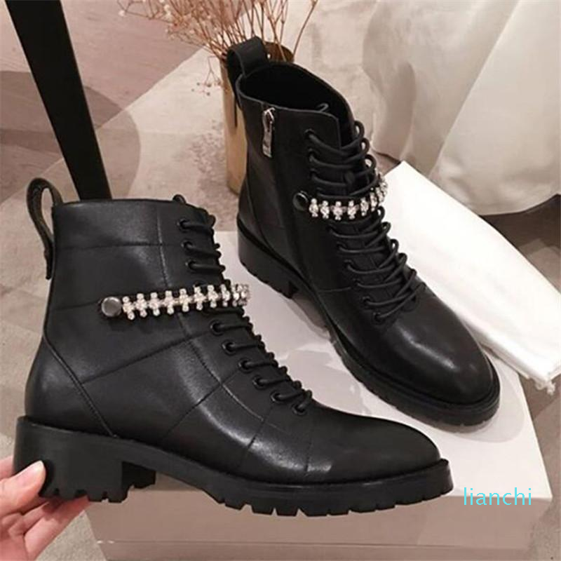 

Boots Cruz Crystal Combat Embellished Leather Black Shoes Woman Grainy Women Ankle Brand Knight Short Motorcycle, As pic