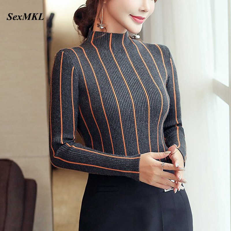 

SEXMKL Striped Turtleneck Pullover Women 2021 Winter Thick Sweater Red Korean Ladies Office Knitted Sweater Black Top Pull Femme