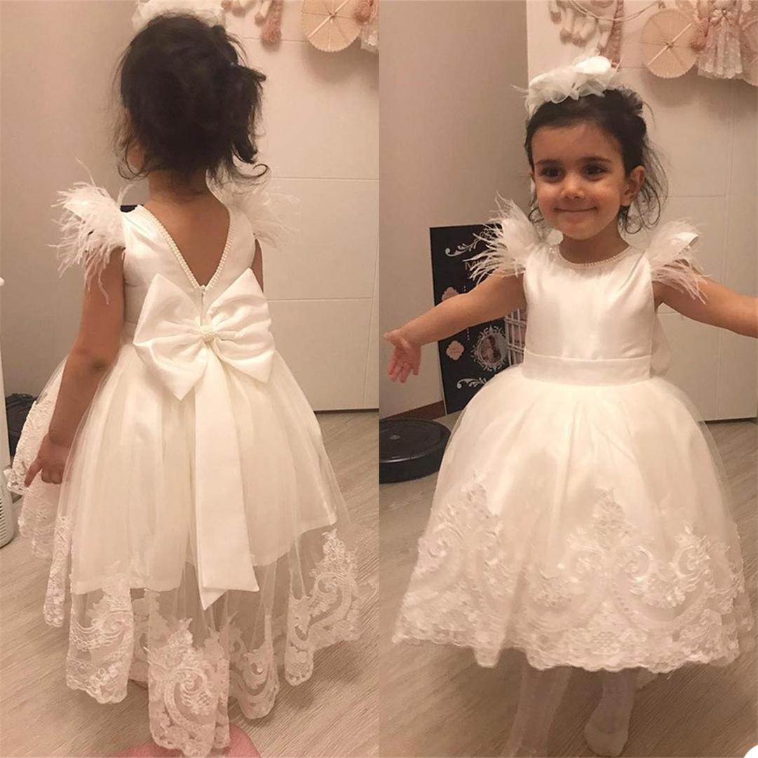 

White Beautiful Lace Flower Girls Dresses For Wedding Applique Beads Feather Ankle Length Bow A Line Communion Dress, Royal blue
