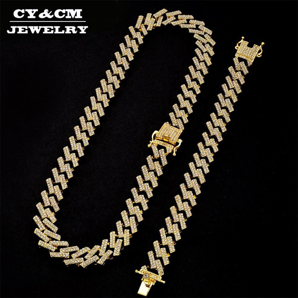 

15mm Miami Prong Gold Silver Color Necklaces Cuban Chain 2 Row Full Iced Out Rhinestones Necklace Bracelet Mens Hip Hop Jewelry X0509