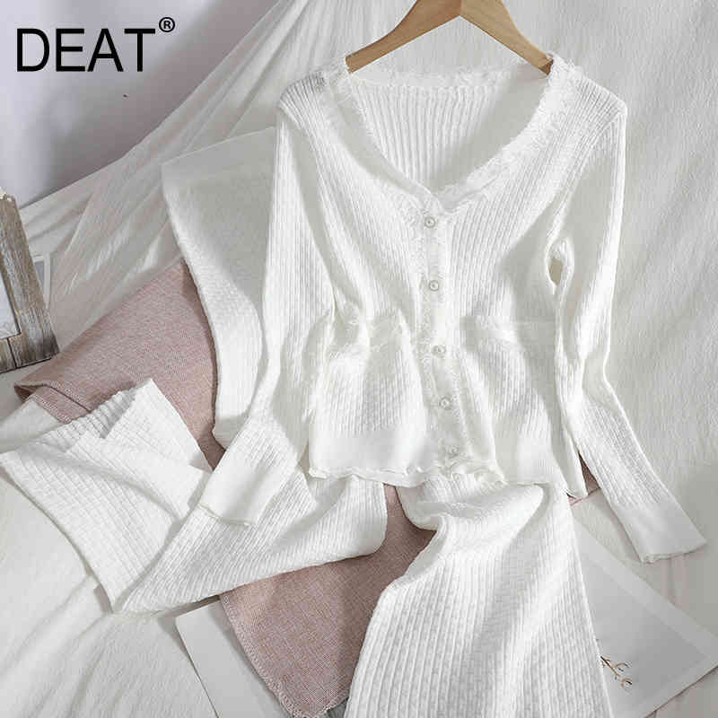 

Summer Fashion Breasted Pullover V-neck Top + High Waist Straight Pants Knitted Two-piece Suit Women's SK102 210525, Black