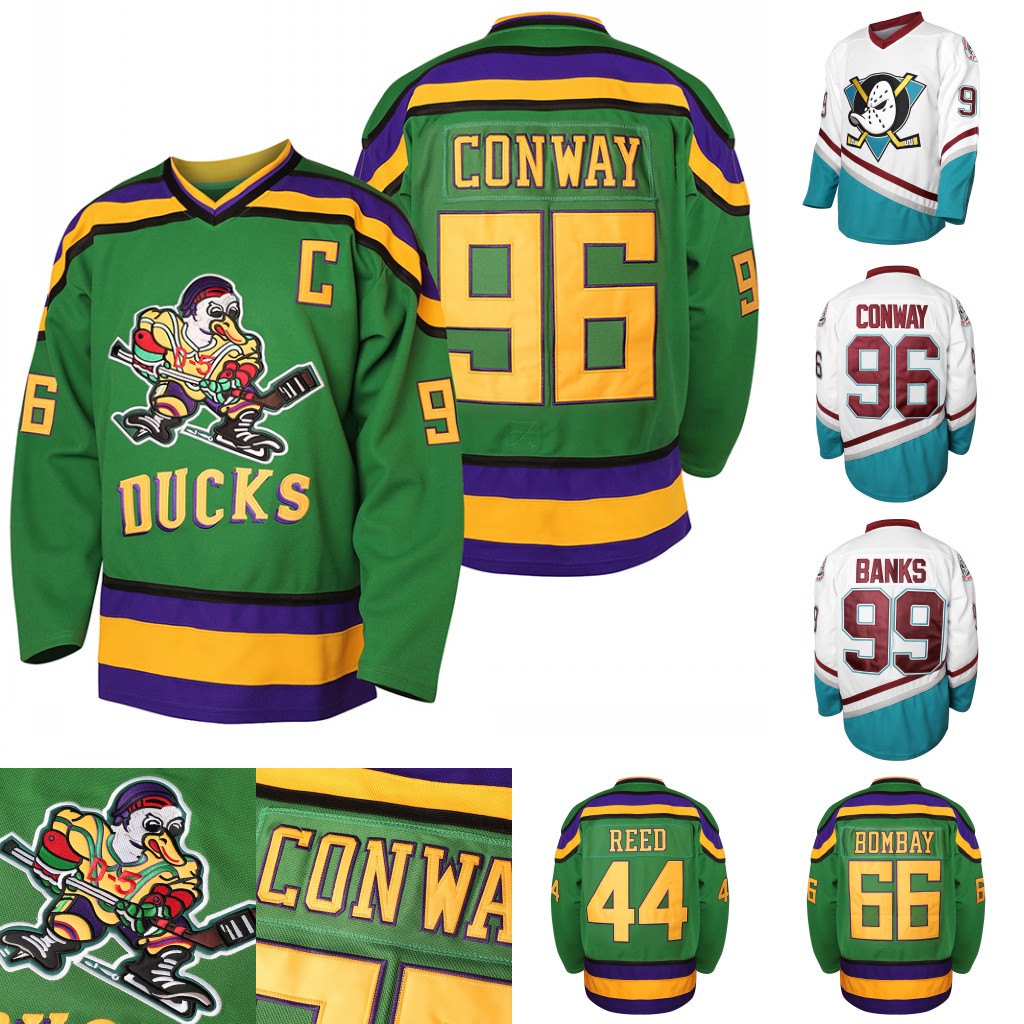 

Mens 96 Charlie Conway 1996-06 Mighty Ducks Movie Hockey Jersey 33 Greg Goldberg 99 Adam Banks Anaheim jerseys Green White, 33 green