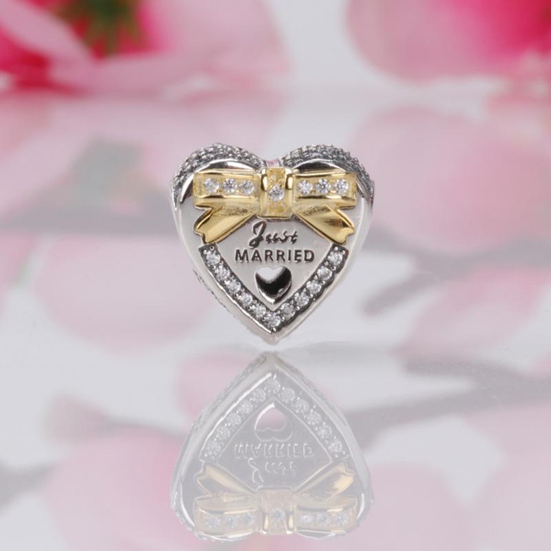 

Other S925 SILVER PAN DIY Bracelet Just Married Gold Bow Beads Valentine's Day Heart-shaped Gift Necklace