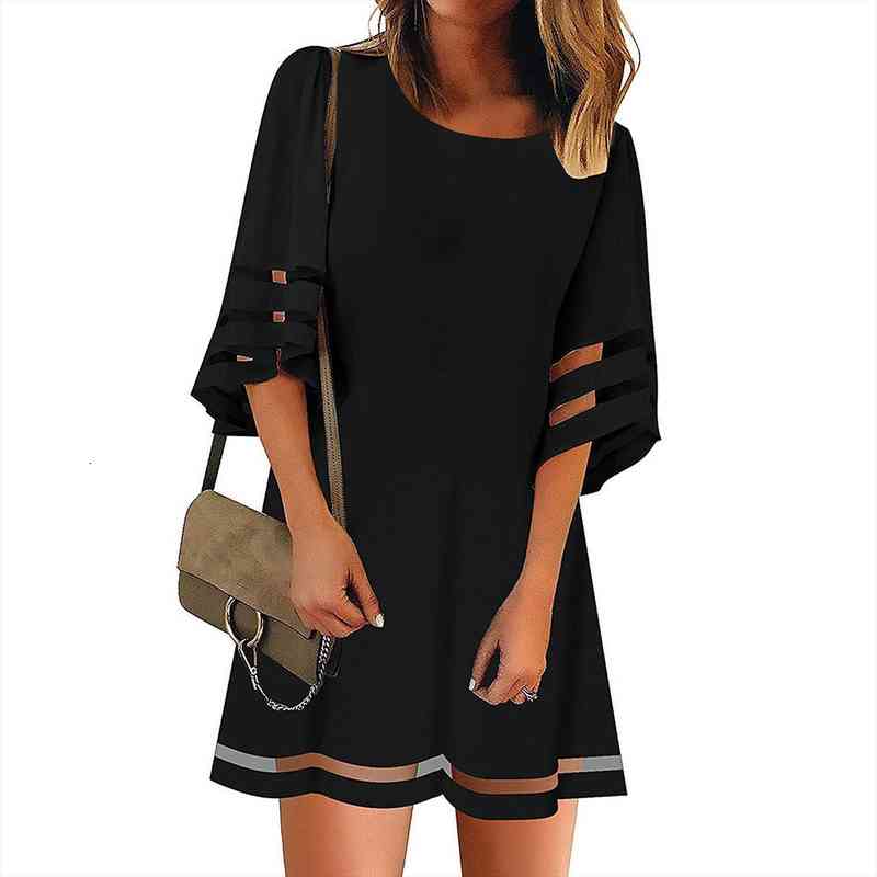 

summer elegant womens fashion dresses solid o-neck half sleeve a-line mesh loose mini dress casual party vestidos female, Black;gray