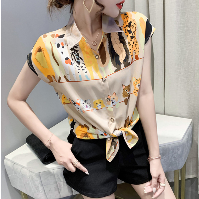 

Summer Animal paradise Printted Short Sleeve Women's Blouse Single-breasted Lapel All-macth OL Work wear Shirt Blusa Mujer 210525, Gray