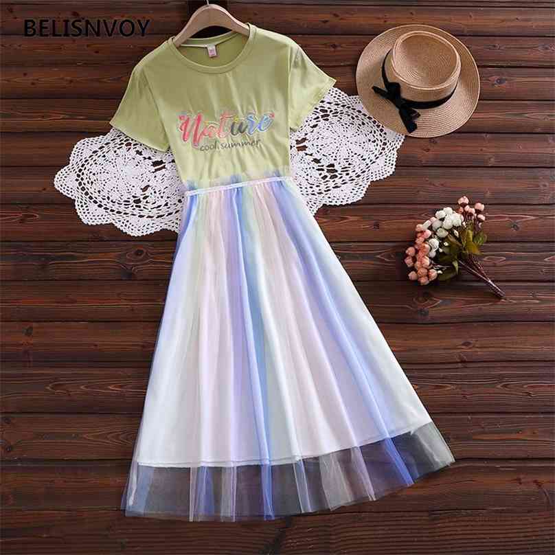 

Japanese Summer Women Rainbow Mesh Tulle Dress Embroidery Cotton Two Piece Suit Short Sleeve Elegant Girl's 210520, Pink