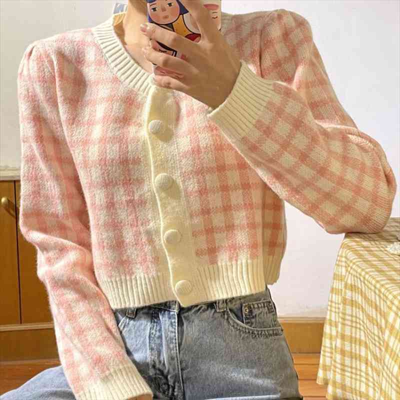 

jmprs fashion plaid women cardigans sweater casual o neck autumn long sleeve cropped knitted jacket korean button female coat, White;black