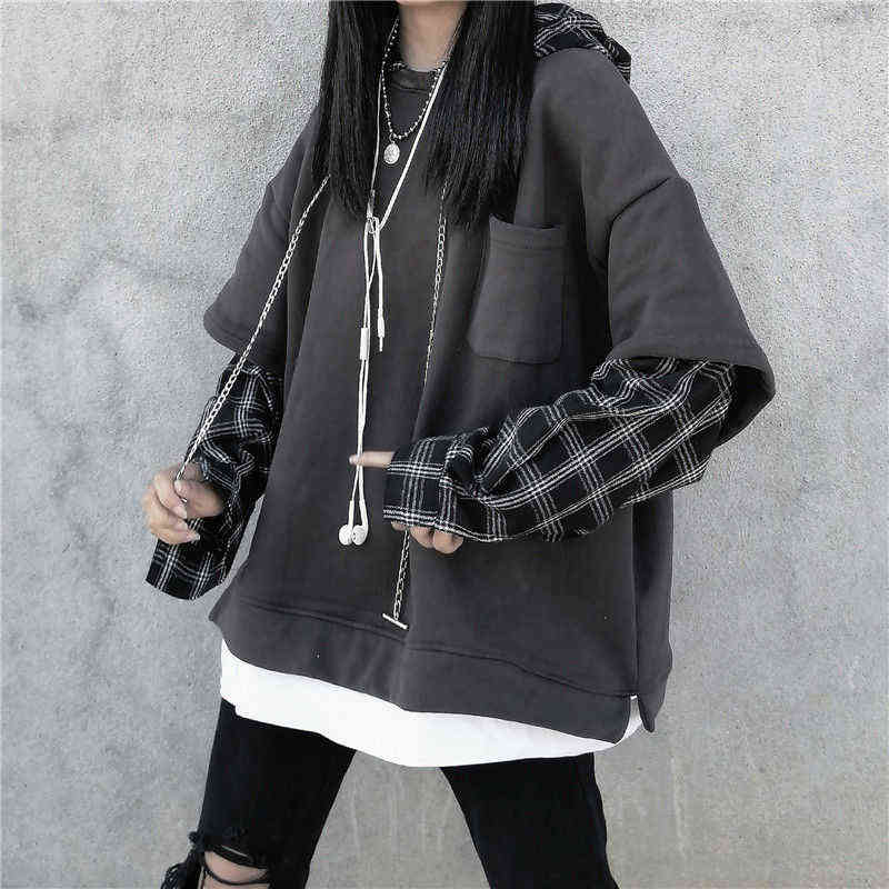 

Deeptown Striped Sweatshirt for Women Black Gothic Style Hoodie Patchwork Grunge Long Sleeve Plaid Pullovers Korean Fashion 211108