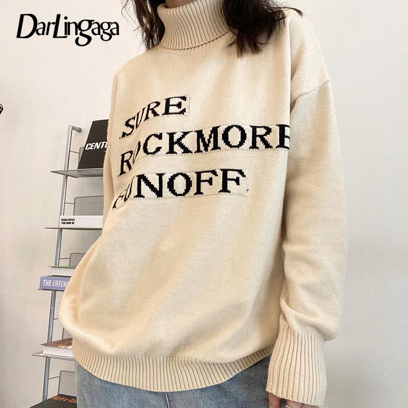 

Women's Sweaters Darlingaga Streetwear Letter Turtleneck Knitted Oversized Sweater Women Casual Loose Autumn Winter Pullover Top Korean, White;black