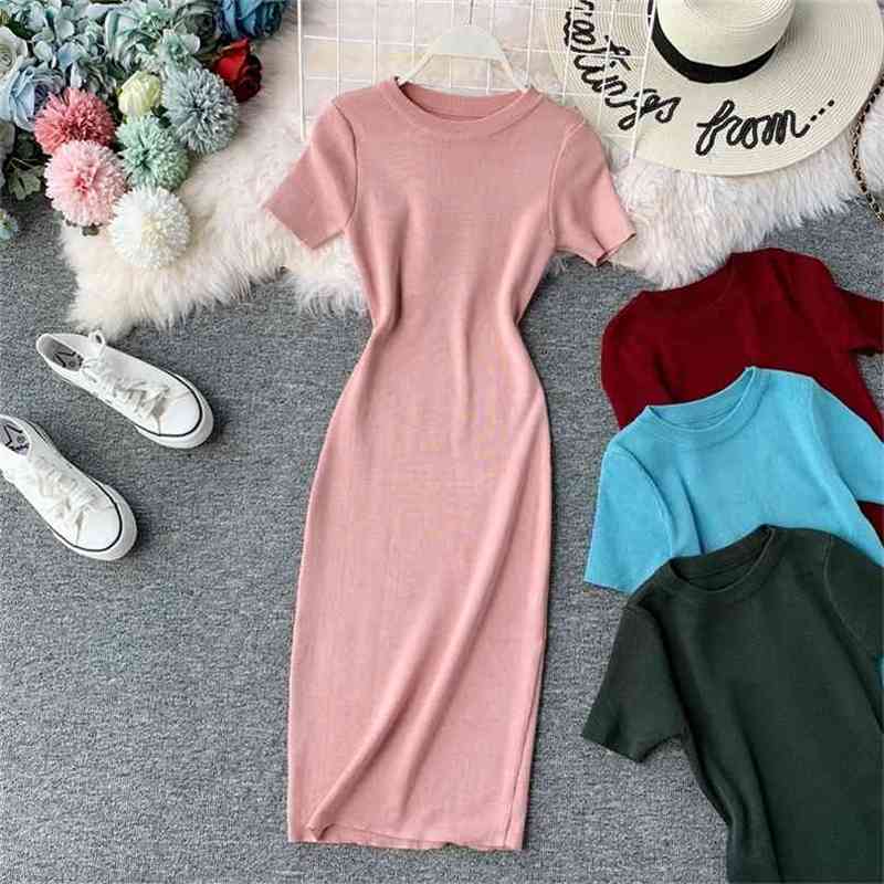 

Sexy Women Bodycon Dress Summer Short Sleeve O-neck Mini es Elegant Ladies Basic Knit Sweater Vestidos Mujer 210525