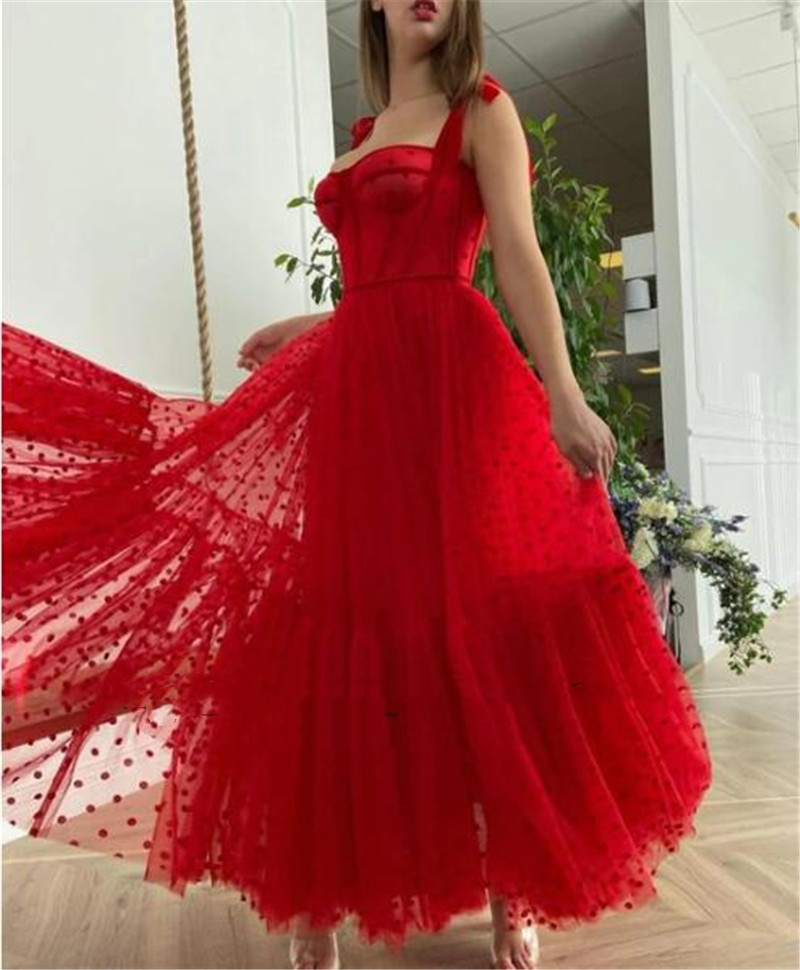 

Red Polka Dots Tulle Evening Dress Spaghetti Straps Tied Bow Shoulder Tea Length Party Graduation Prom