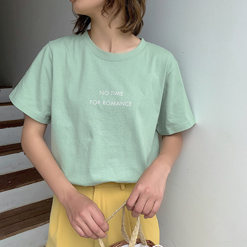 

Johnature Korean Style Short Sleeve Women Tshirt Summer Fashion Simple Loose Mini Print Letter O-neck Multi Color Tops 210521, Yellow
