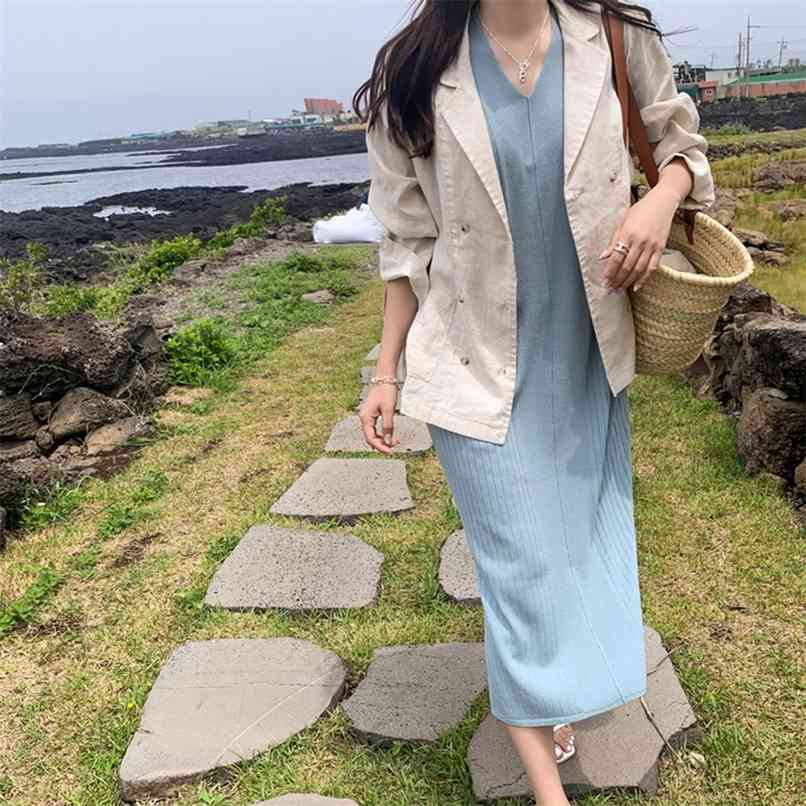 

Loose short-sleeved long summer Korean knitted T-shirt retro western style v-neck dress female casual skirt 210520, Khaki
